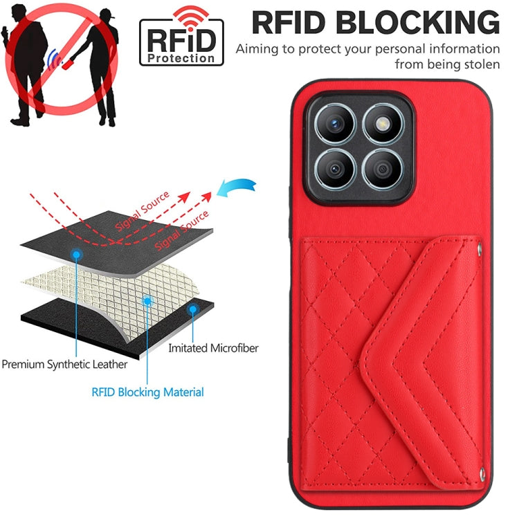 For Honor X8b 4G Global Rhombic Texture Card Bag RFID Phone Case with Long Lanyard(Red)