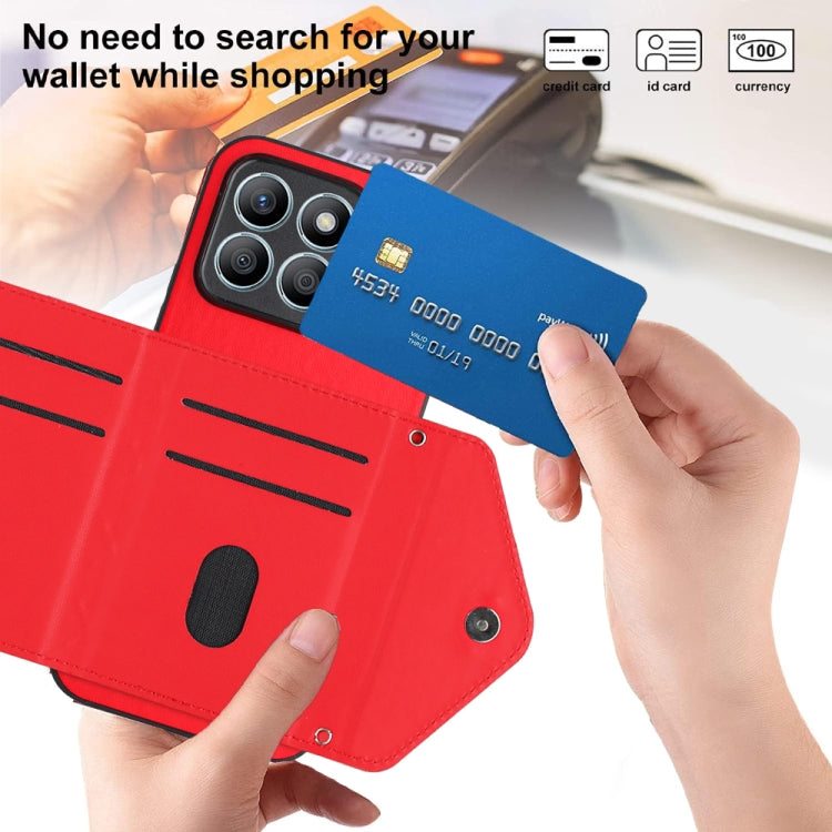 For Honor X8b 4G Global Rhombic Texture Card Bag RFID Phone Case with Long Lanyard(Red)