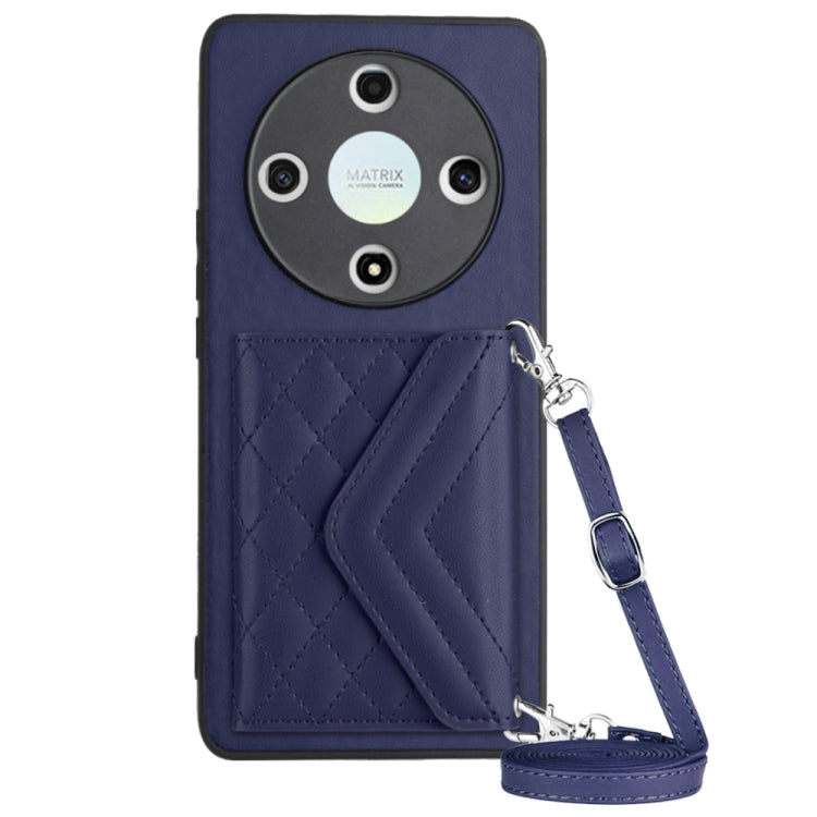For Honor X9b / Magic6 Lite Rhombic Texture Card Bag RFID Phone Case with Long Lanyard(Dark Purple)