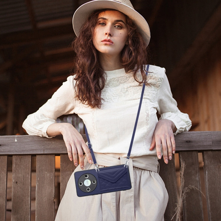 For Honor X9b / Magic6 Lite Rhombic Texture Card Bag RFID Phone Case with Long Lanyard(Dark Purple)