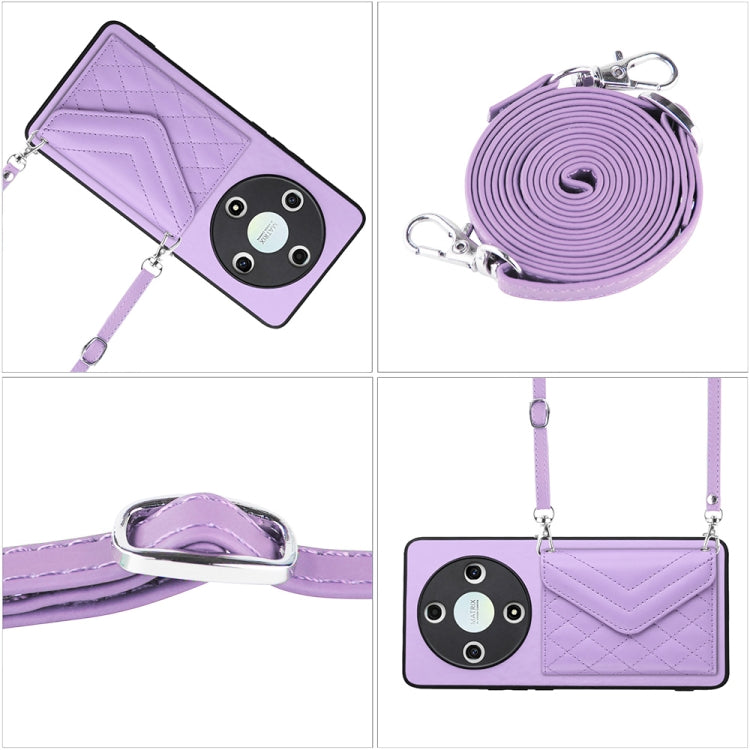 For Honor X9b / Magic6 Lite Rhombic Texture Card Bag RFID Phone Case with Long Lanyard(Light Purple)