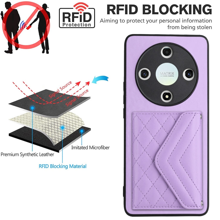 For Honor X9b / Magic6 Lite Rhombic Texture Card Bag RFID Phone Case with Long Lanyard(Light Purple)