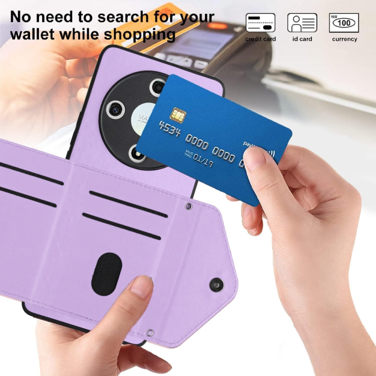 For Honor X9b / Magic6 Lite Rhombic Texture Card Bag RFID Phone Case with Long Lanyard(Light Purple)