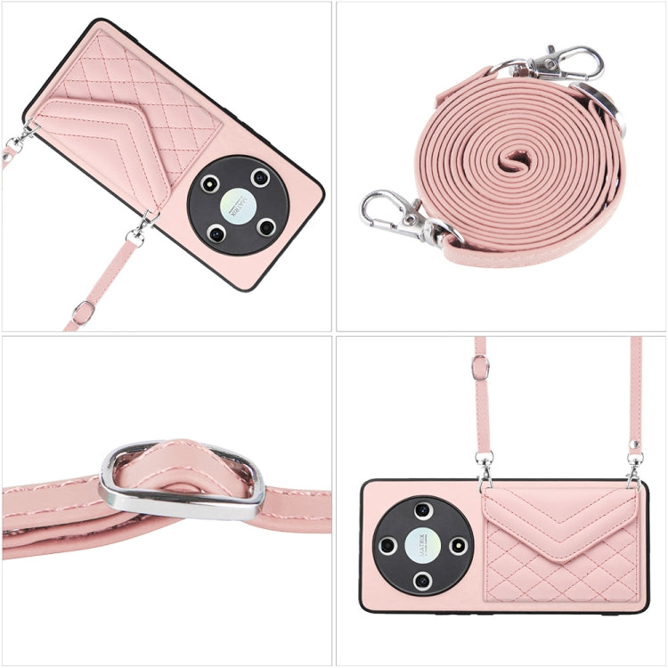 For Honor X9b / Magic6 Lite Rhombic Texture Card Bag RFID Phone Case with Long Lanyard(Rose Gold)