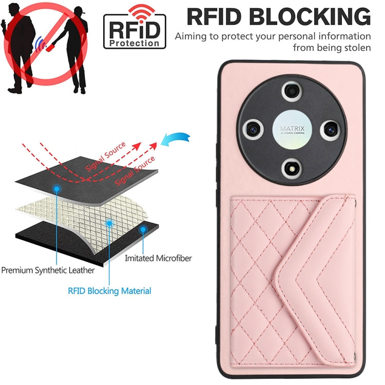 For Honor X9b / Magic6 Lite Rhombic Texture Card Bag RFID Phone Case with Long Lanyard(Rose Gold)