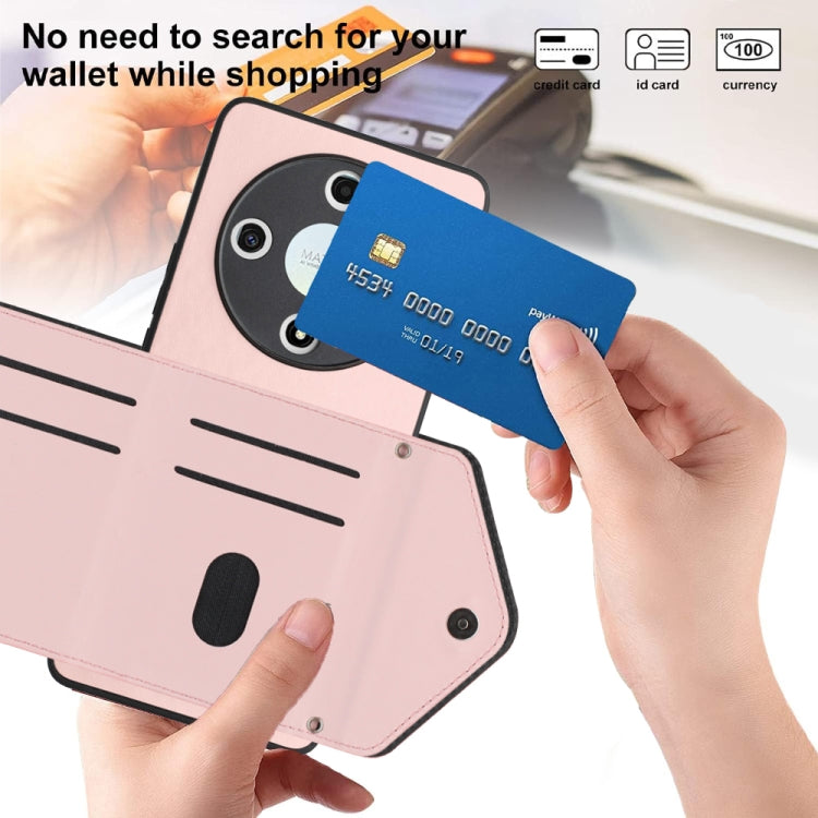 For Honor X9b / Magic6 Lite Rhombic Texture Card Bag RFID Phone Case with Long Lanyard(Rose Gold)