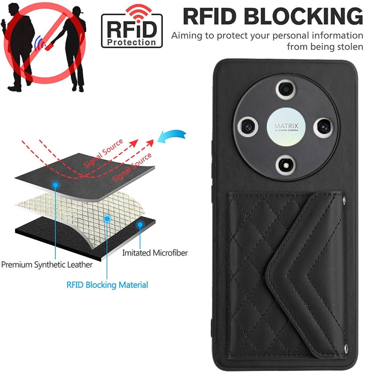 For Honor X9b / Magic6 Lite Rhombic Texture Card Bag RFID Phone Case with Long Lanyard(Black)