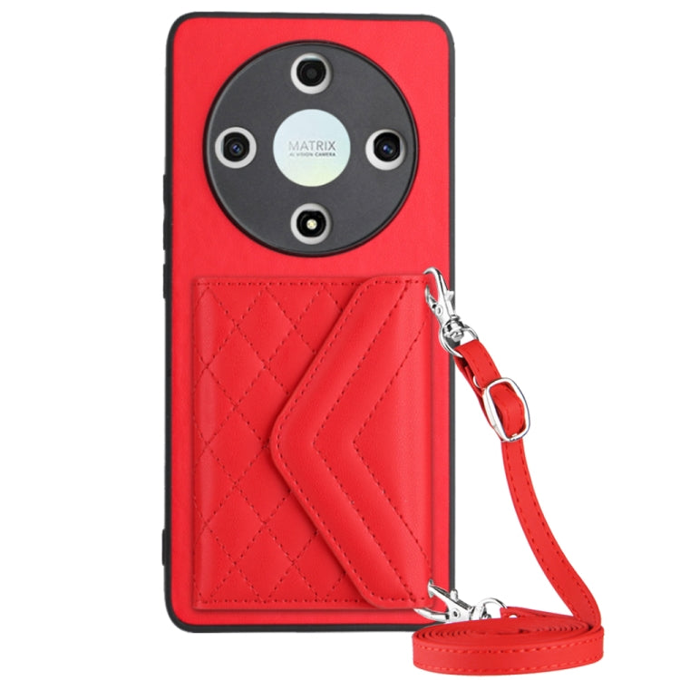 For Honor X9b / Magic6 Lite Rhombic Texture Card Bag RFID Phone Case with Long Lanyard(Red)