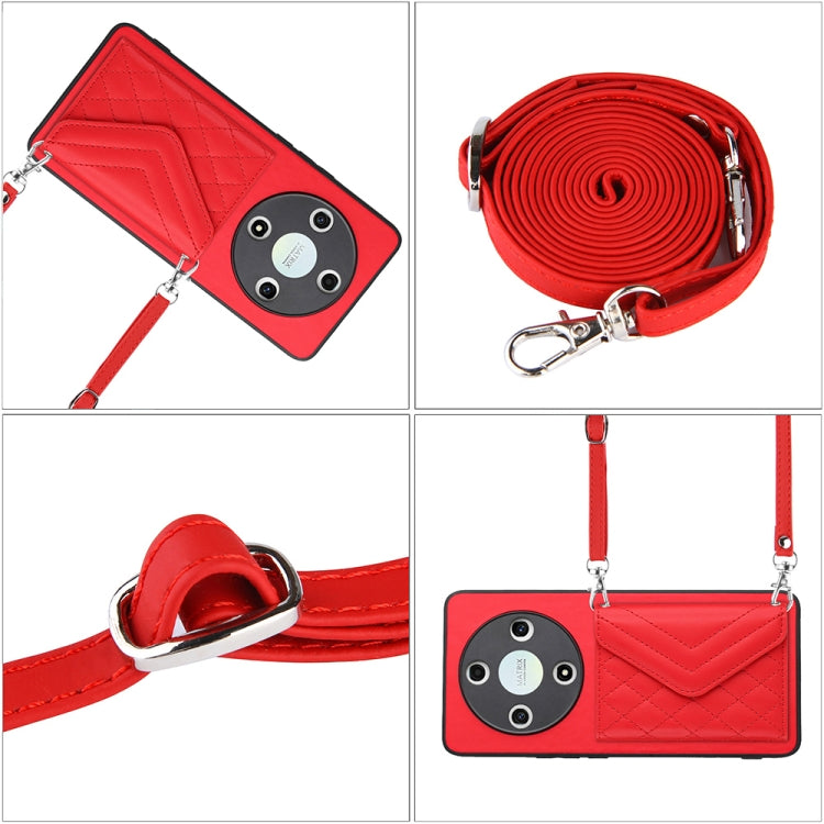 For Honor X9b / Magic6 Lite Rhombic Texture Card Bag RFID Phone Case with Long Lanyard(Red)