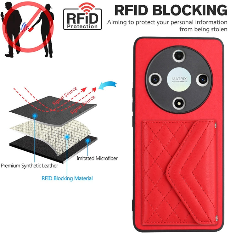 For Honor X9b / Magic6 Lite Rhombic Texture Card Bag RFID Phone Case with Long Lanyard(Red)