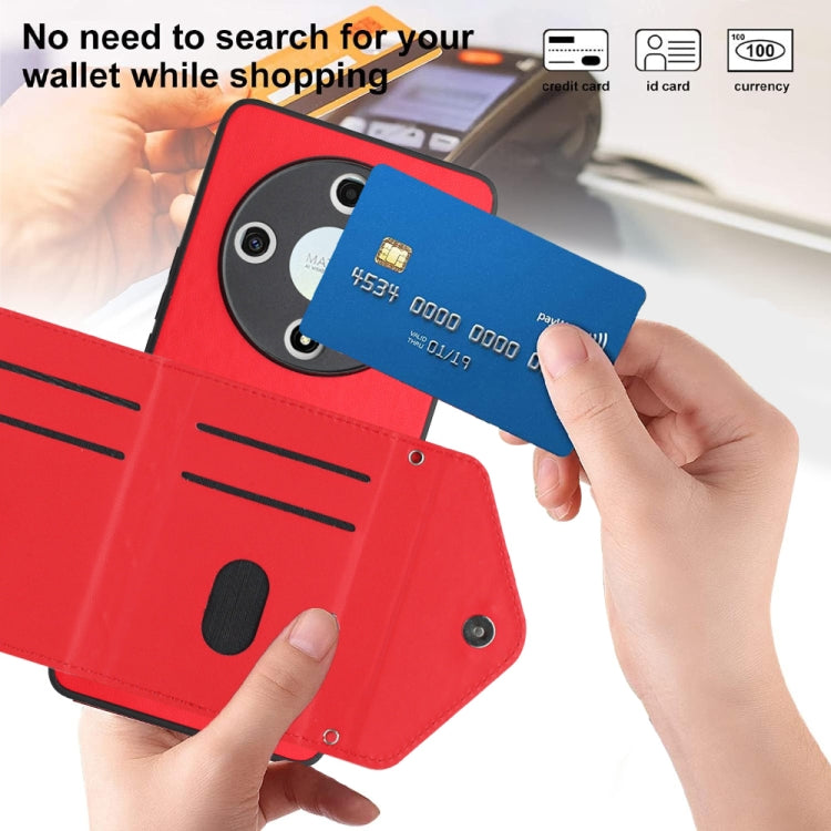 For Honor X9b / Magic6 Lite Rhombic Texture Card Bag RFID Phone Case with Long Lanyard(Red)