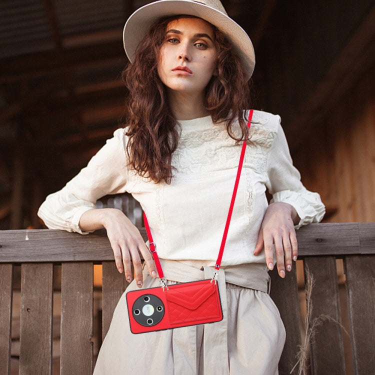 For Honor X9b / Magic6 Lite Rhombic Texture Card Bag RFID Phone Case with Long Lanyard(Red)