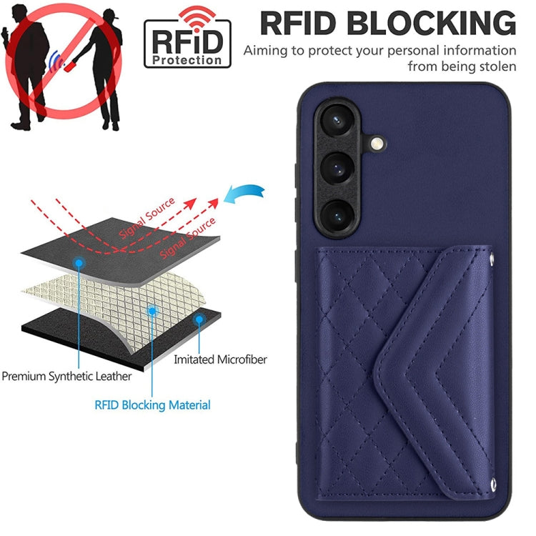 For Samsung Galaxy S24 5G Rhombic Texture Card Bag RFID Phone Case with Long Lanyard(Dark Purple)