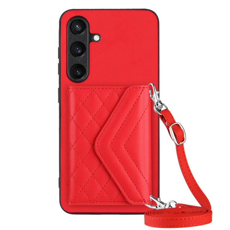 For Samsung Galaxy S24 5G Rhombic Texture Card Bag RFID Phone Case with Long Lanyard(Red)