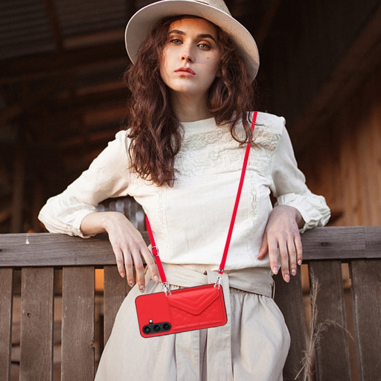 For Samsung Galaxy S24 5G Rhombic Texture Card Bag RFID Phone Case with Long Lanyard(Red)