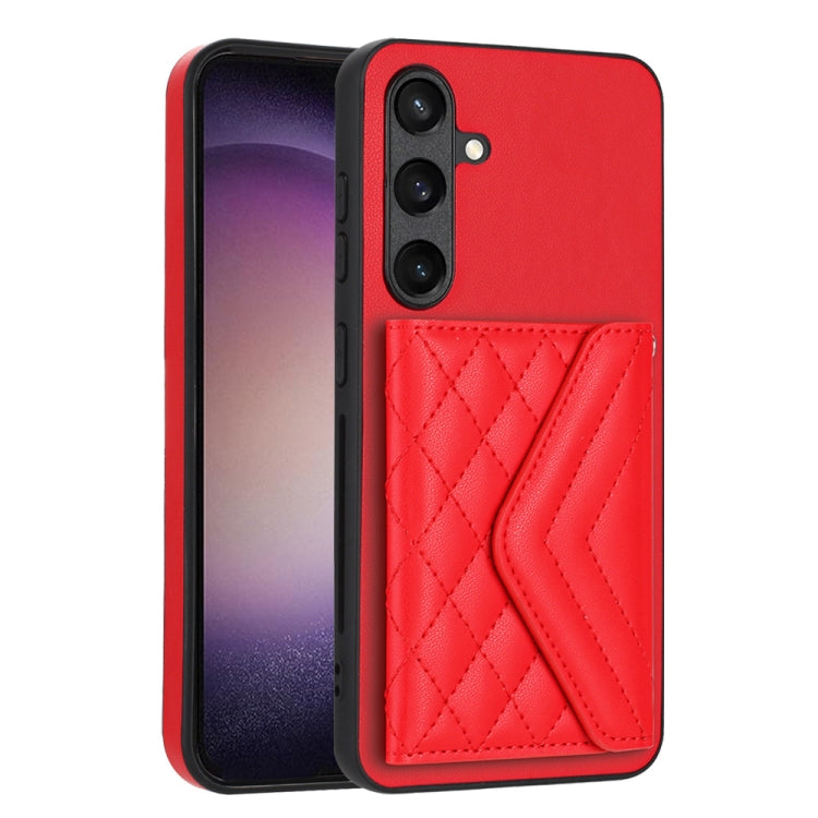 For Samsung Galaxy S24 5G Rhombic Texture Card Bag RFID Phone Case with Long Lanyard(Red)