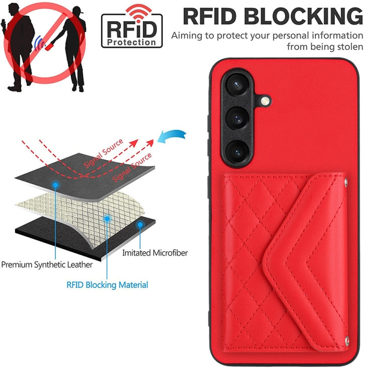 For Samsung Galaxy S24 5G Rhombic Texture Card Bag RFID Phone Case with Long Lanyard(Red)