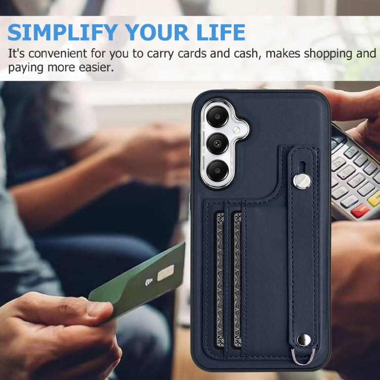 For Samsung Galaxy S24 5G Shockproof Leather Phone Case with Wrist Strap(Blue)