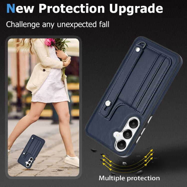 For Samsung Galaxy S24 5G Shockproof Leather Phone Case with Wrist Strap(Blue)