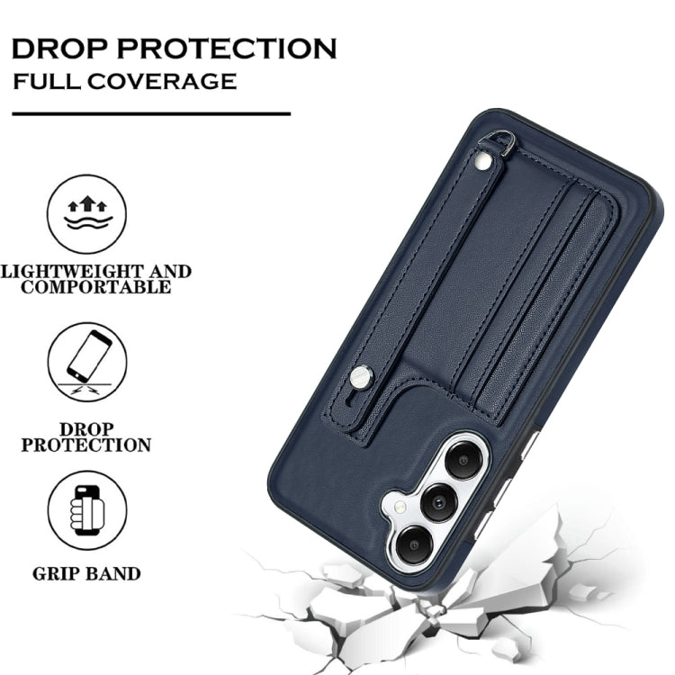 For Samsung Galaxy S24 5G Shockproof Leather Phone Case with Wrist Strap(Blue)
