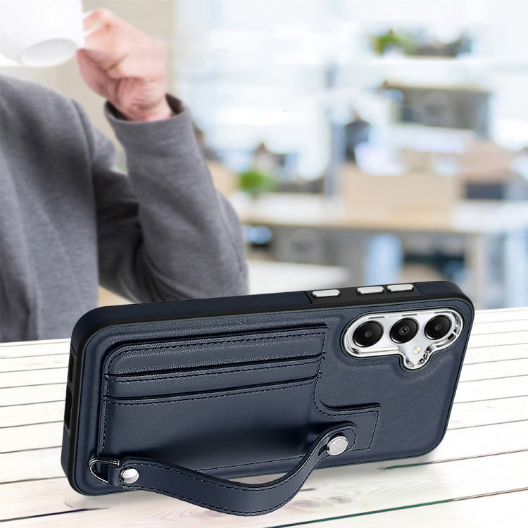 For Samsung Galaxy S24 5G Shockproof Leather Phone Case with Wrist Strap(Blue)