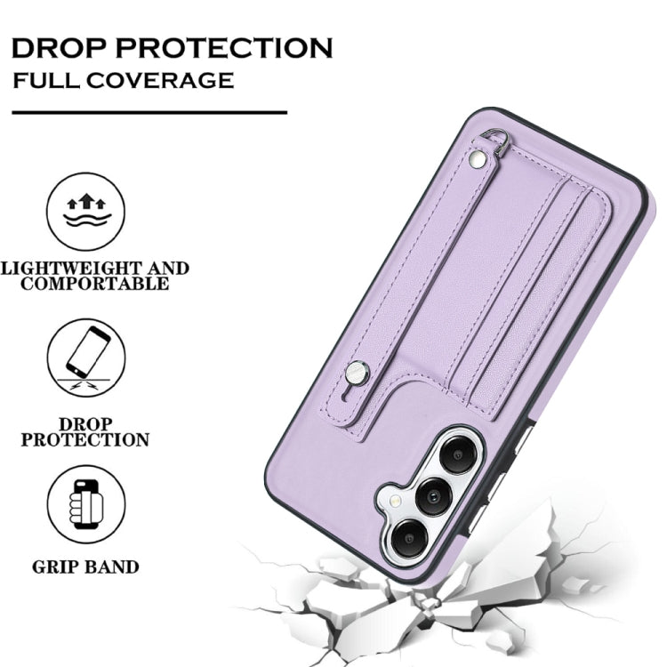 For Samsung Galaxy S24 5G Shockproof Leather Phone Case with Wrist Strap(Purple)