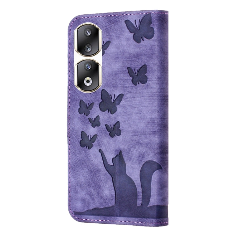 For Honor 90 Pro 5G Butterfly Cat Embossing Flip Leather Phone Case(Purple)