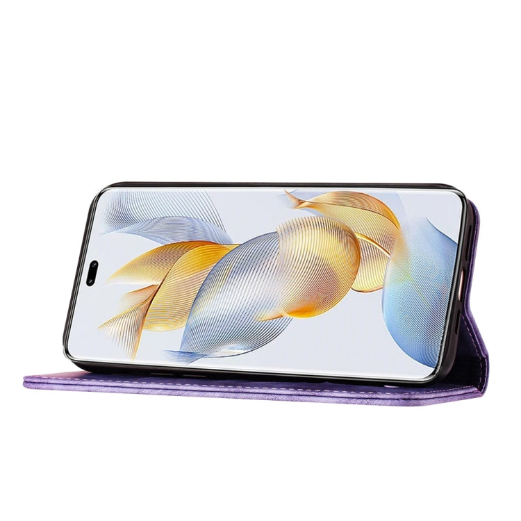 For Honor 90 Pro 5G Butterfly Cat Embossing Flip Leather Phone Case(Purple)