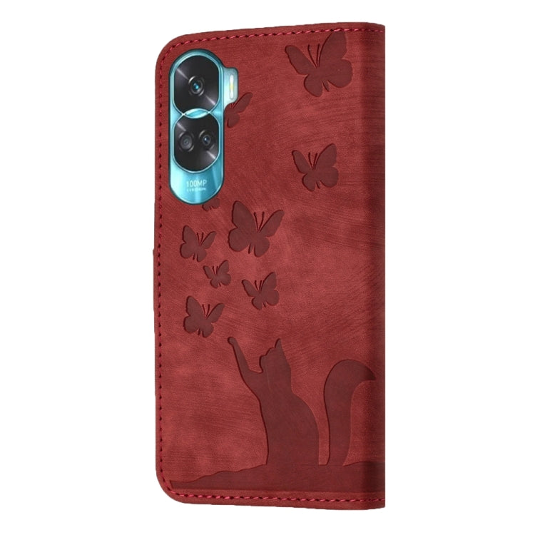 For Honor 90 Lite / X50i Butterfly Cat Embossing Flip Leather Phone Case(Red)