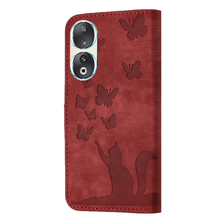 For Honor 90 / 80 Butterfly Cat Embossing Flip Leather Phone Case(Red)