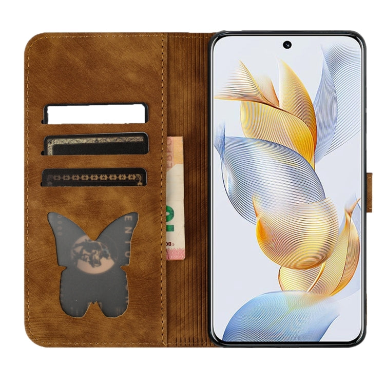 For Honor 90 / 80 Butterfly Cat Embossing Flip Leather Phone Case(Brown)