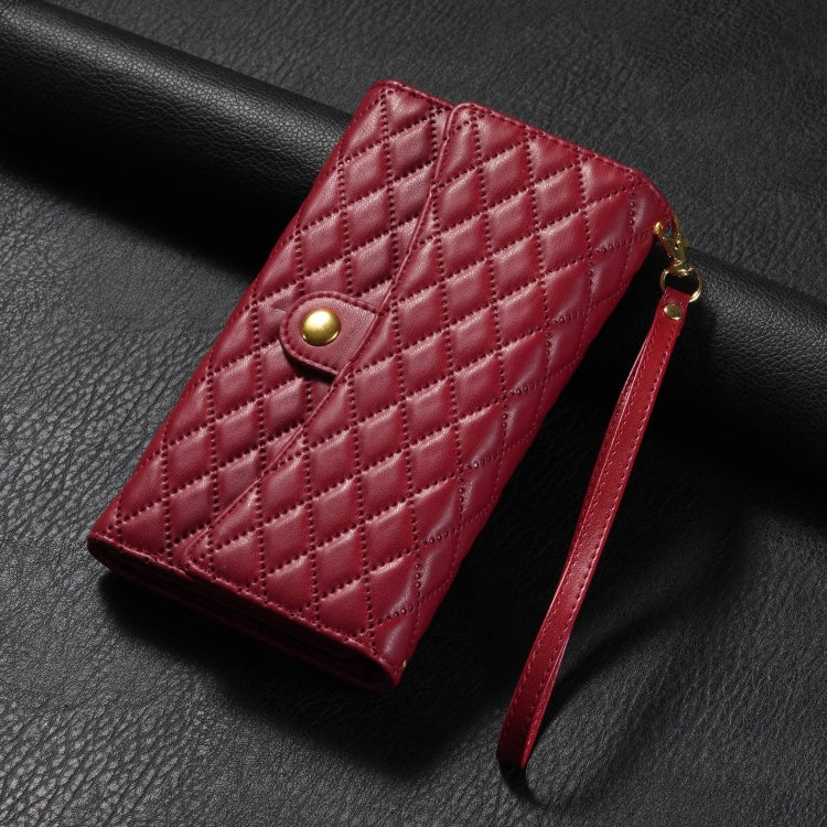 For Samsung Galaxy S24 5G Zipper Multi-Card Wallet Rhombic Leather Phone Case(Red)