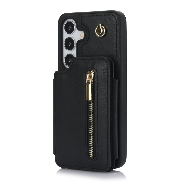 For Samsung Galaxy S24 5G YM006 Skin Feel Zipper Card Bag Phone Case with Dual Lanyard(Black)