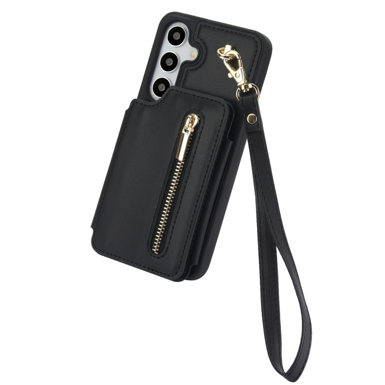 For Samsung Galaxy S24 5G YM006 Skin Feel Zipper Card Bag Phone Case with Dual Lanyard(Black)