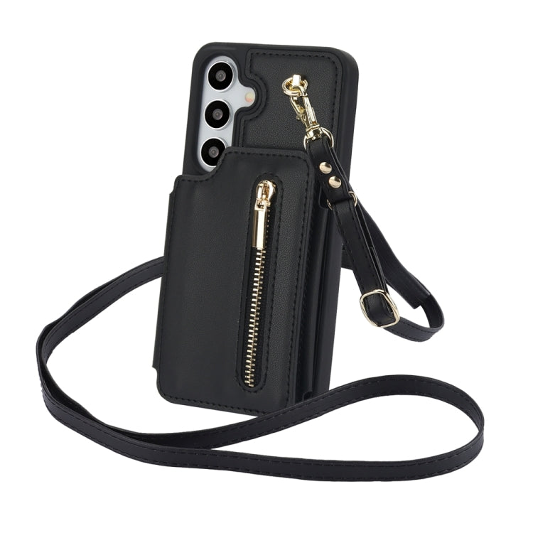 For Samsung Galaxy S24 5G YM006 Skin Feel Zipper Card Bag Phone Case with Dual Lanyard(Black)
