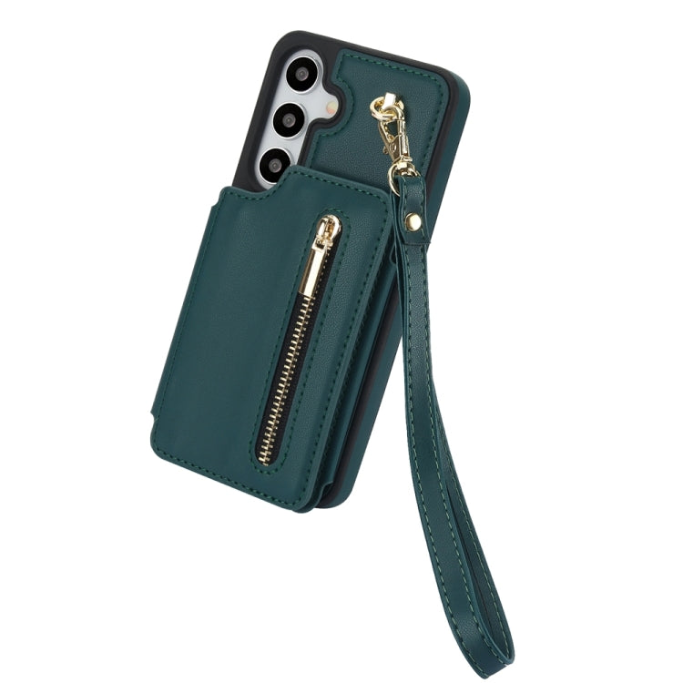 For Samsung Galaxy S24 5G YM006 Skin Feel Zipper Card Bag Phone Case with Dual Lanyard(Green)