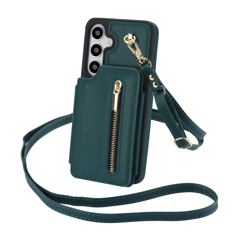 For Samsung Galaxy S24 5G YM006 Skin Feel Zipper Card Bag Phone Case with Dual Lanyard(Green)