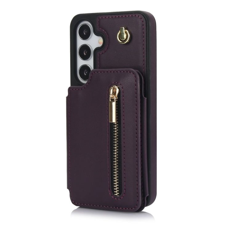 For Samsung Galaxy S24 5G YM006 Skin Feel Zipper Card Bag Phone Case with Dual Lanyard(Dark Purple)