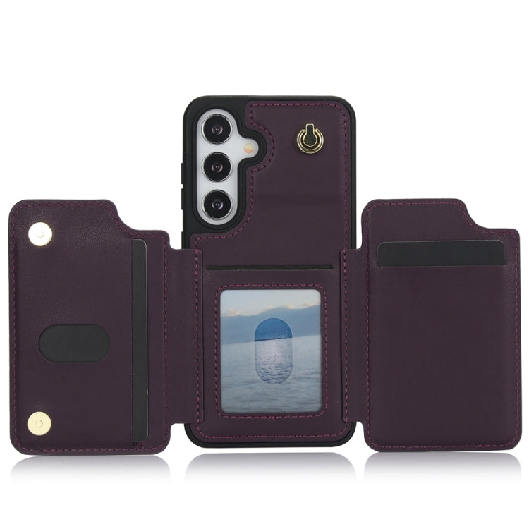 For Samsung Galaxy S24 5G YM006 Skin Feel Zipper Card Bag Phone Case with Dual Lanyard(Dark Purple)