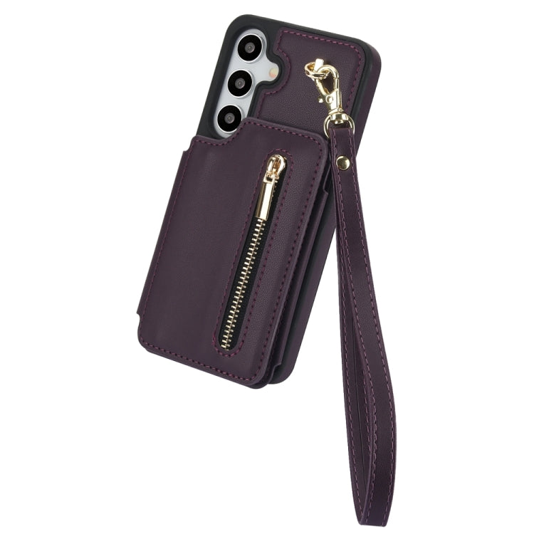 For Samsung Galaxy S24 5G YM006 Skin Feel Zipper Card Bag Phone Case with Dual Lanyard(Dark Purple)