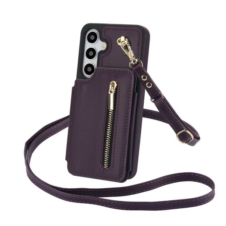 For Samsung Galaxy S24 5G YM006 Skin Feel Zipper Card Bag Phone Case with Dual Lanyard(Dark Purple)