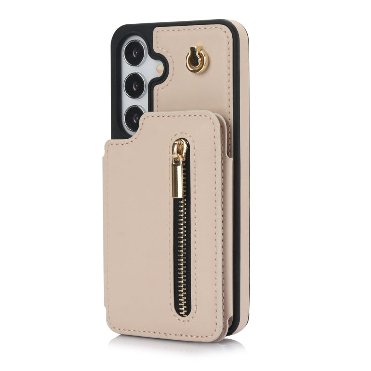 For Samsung Galaxy S24 5G YM006 Skin Feel Zipper Card Bag Phone Case with Dual Lanyard(Apricot)