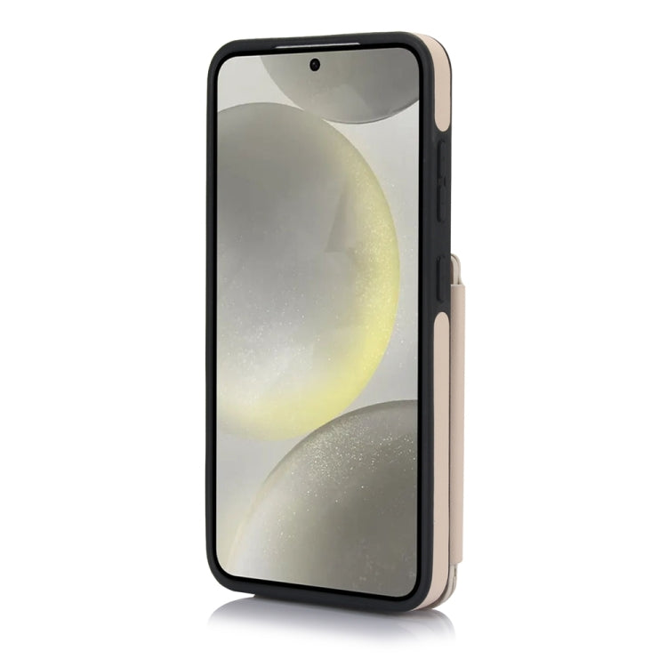 For Samsung Galaxy S24 5G YM006 Skin Feel Zipper Card Bag Phone Case with Dual Lanyard(Apricot)