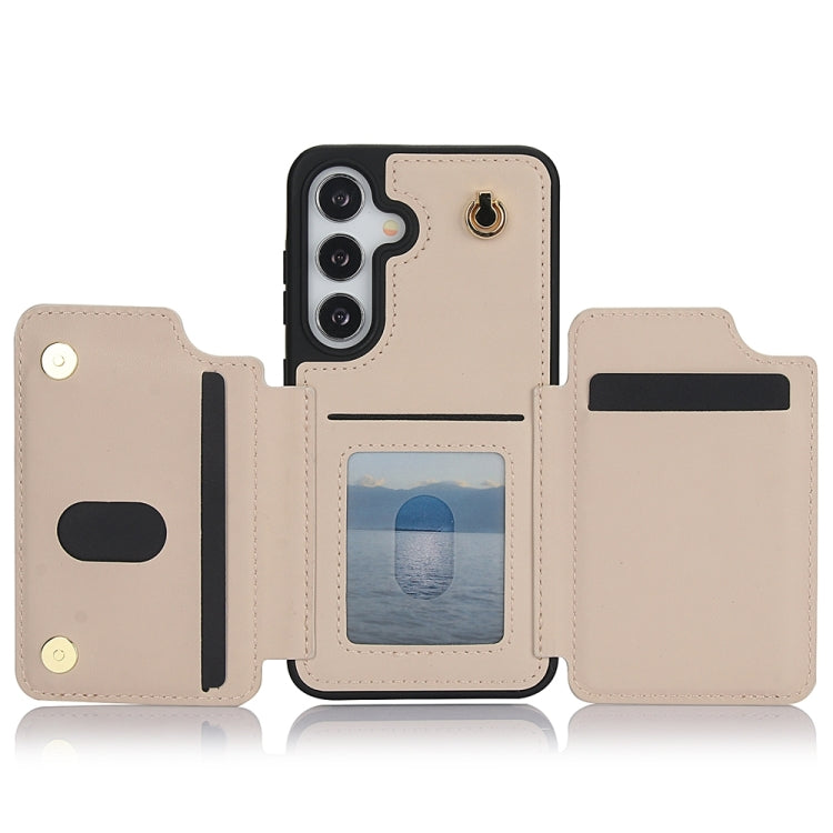 For Samsung Galaxy S24 5G YM006 Skin Feel Zipper Card Bag Phone Case with Dual Lanyard(Apricot)