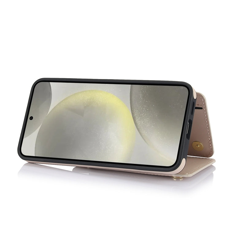 For Samsung Galaxy S24 5G YM006 Skin Feel Zipper Card Bag Phone Case with Dual Lanyard(Apricot)