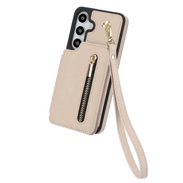 For Samsung Galaxy S24 5G YM006 Skin Feel Zipper Card Bag Phone Case with Dual Lanyard(Apricot)