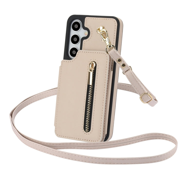 For Samsung Galaxy S24 5G YM006 Skin Feel Zipper Card Bag Phone Case with Dual Lanyard(Apricot)