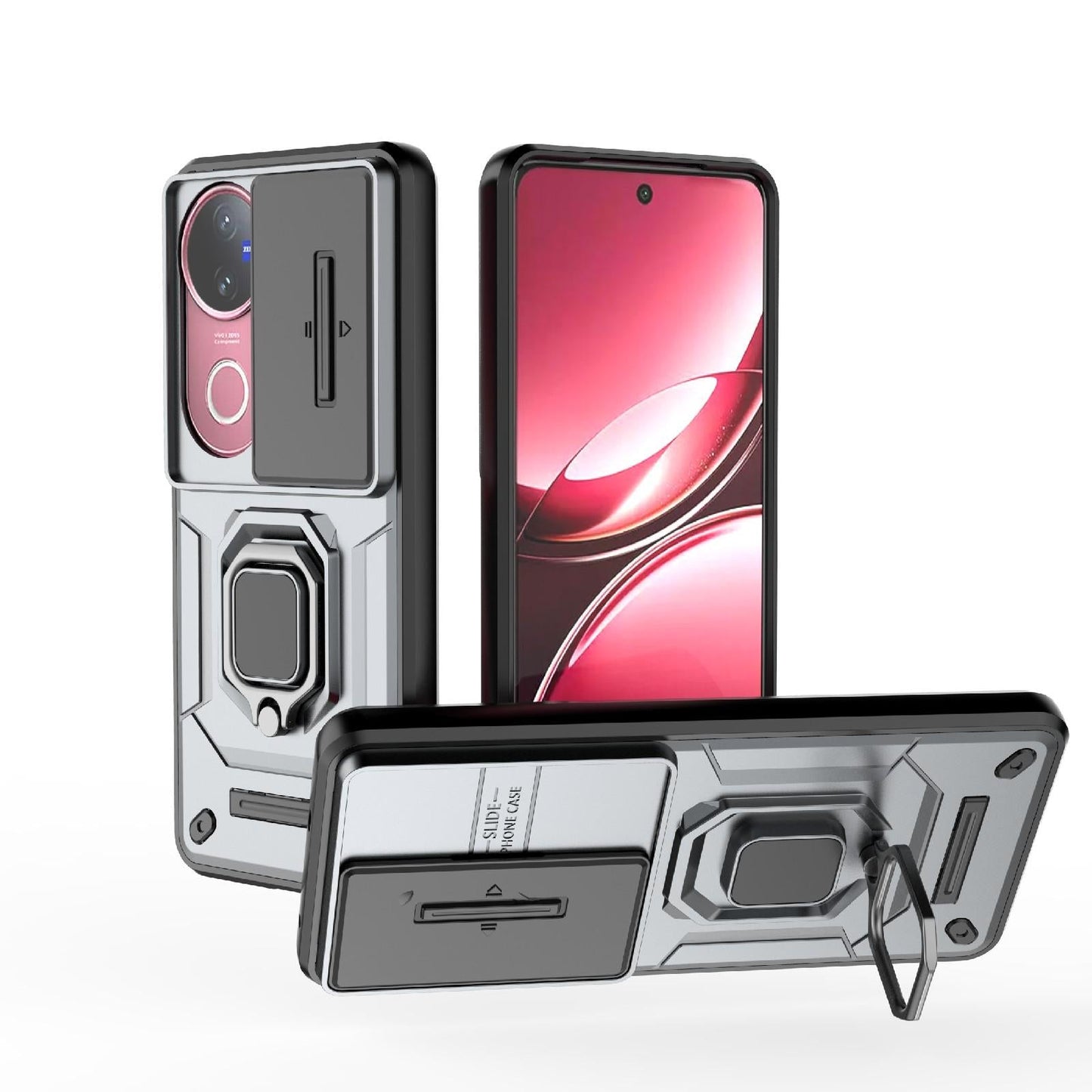 For vivo V50 5G Global Sliding Camshield TPU + PC Shockproof Phone Case with Holder(Grey)