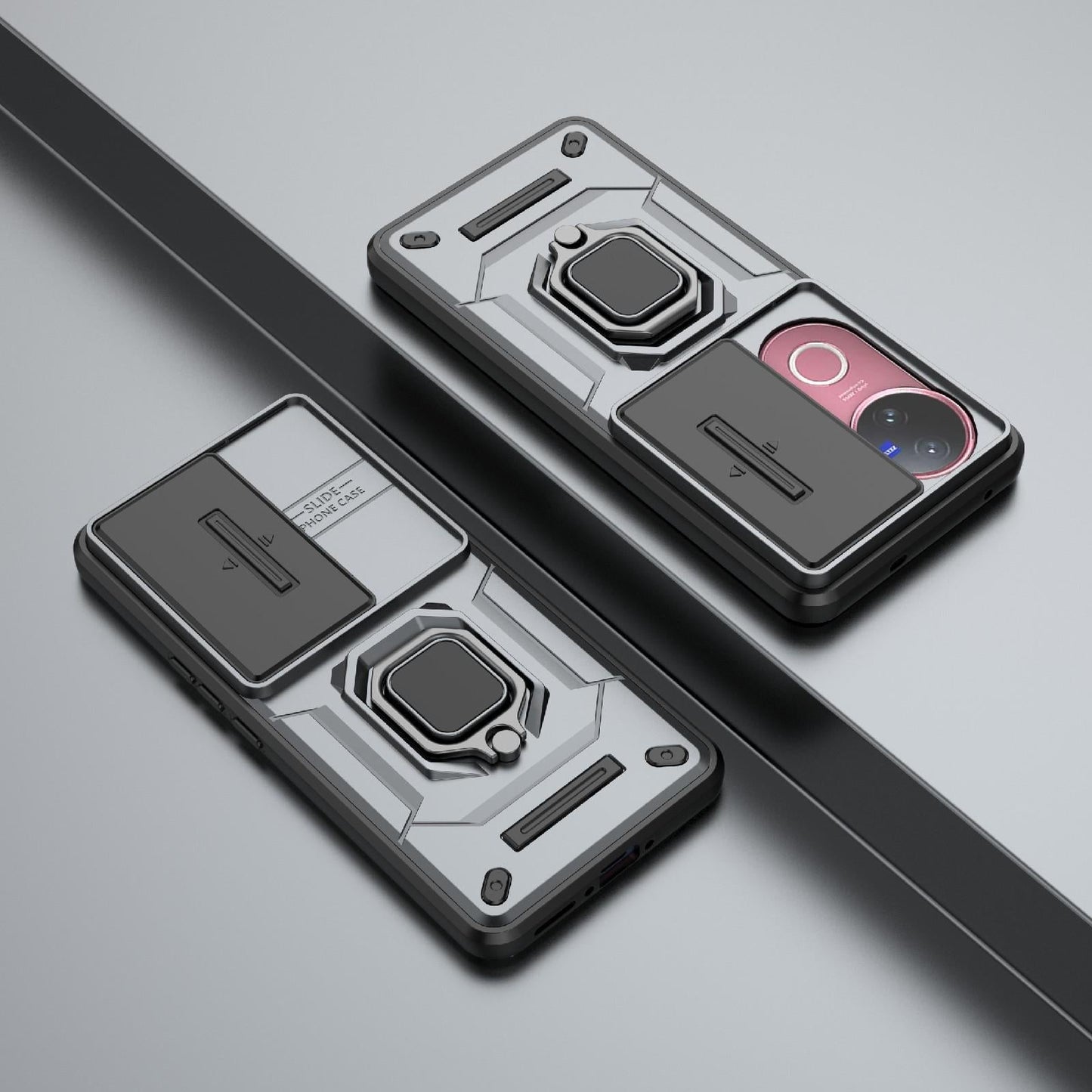 For vivo V50 5G Global Sliding Camshield TPU + PC Shockproof Phone Case with Holder(Grey)