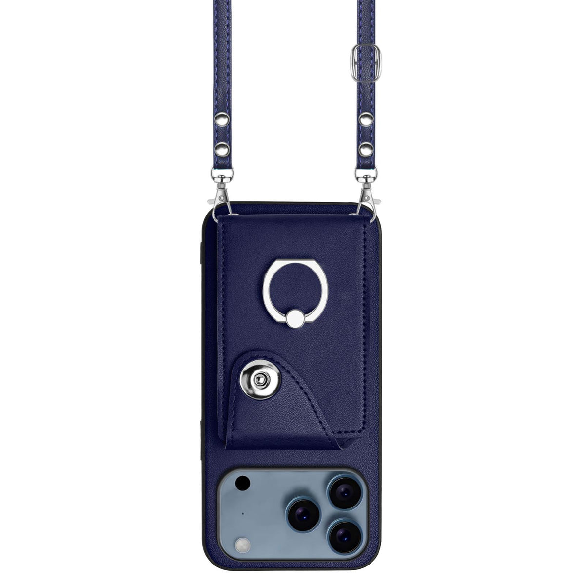 Compatible with iPhone 18 Pro Max & 17 Pro Max Organ Card Bag Ring Holder Phone Case with Long Lanyard - Blue